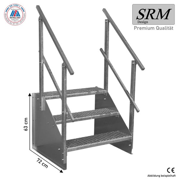 Stahltreppe, 3 Gitterroststufen, beidseitiger Handlauf, Höhe 63 Zentimeter, Tiefe 72 Zentimeter. SRM Design Logo, CE-Kennzeichnung, EN 1090-1 zertifiziert.