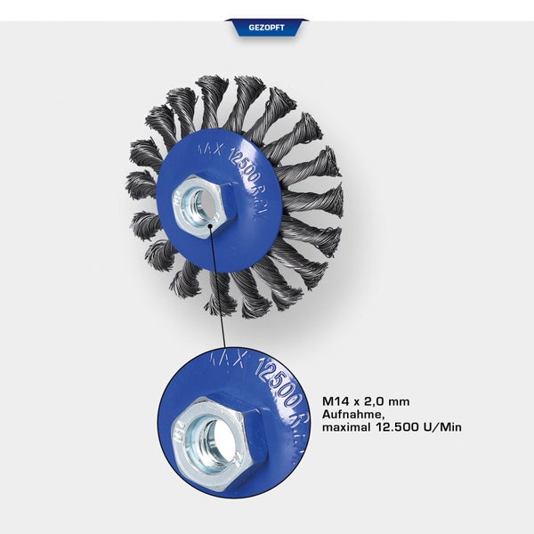 Drahtbürste, gezopft, mit M14 x 2,0 Millimeter Aufnahme, maximal 12.500 Umdrehungen pro Minute