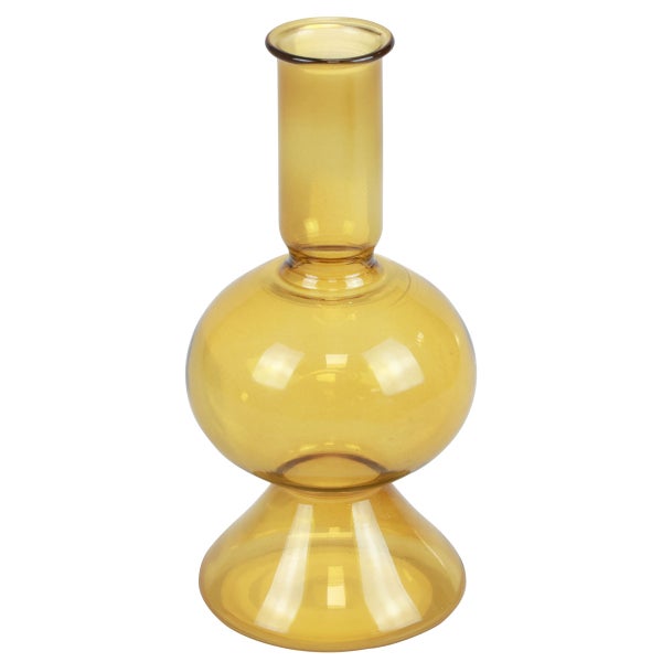 Gelbe Glasvase mit bauchigem Körper, hohem Hals und konischem Fuß.