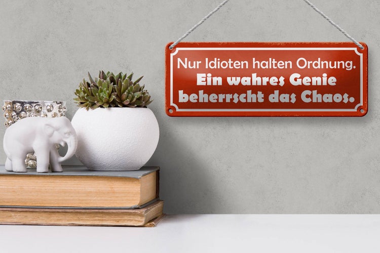 Blechschild Spruch 27x10cm wahres Genie beherrscht Chaos Dekoration