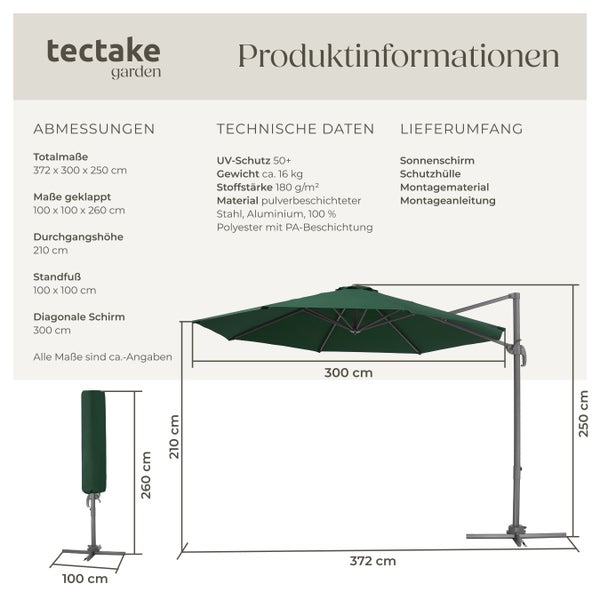 Produktinformationen zum Sonnenschirm von tectake garden mit Maßen und technischen Daten