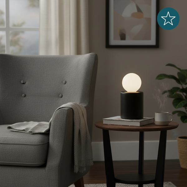 Dekorative Szene mit Sessel, Beistelltisch und Tischleuchte für eine gemütliche Atmosphäre