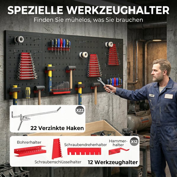 Organisierte Werkstatt mit Werkzeugwand aus Metall, 22 verzinkten Haken und 12 speziellen Haltern für Hammer, Schraubendreher und Bohrer.