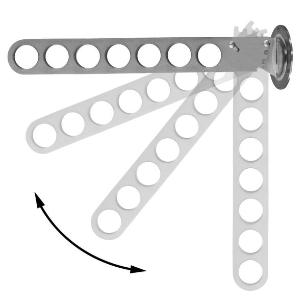 Schwenkbarer Kleiderlüfter aus Metall zur Wandmontage mit sieben runden Öffnungen für Kleiderbügel.