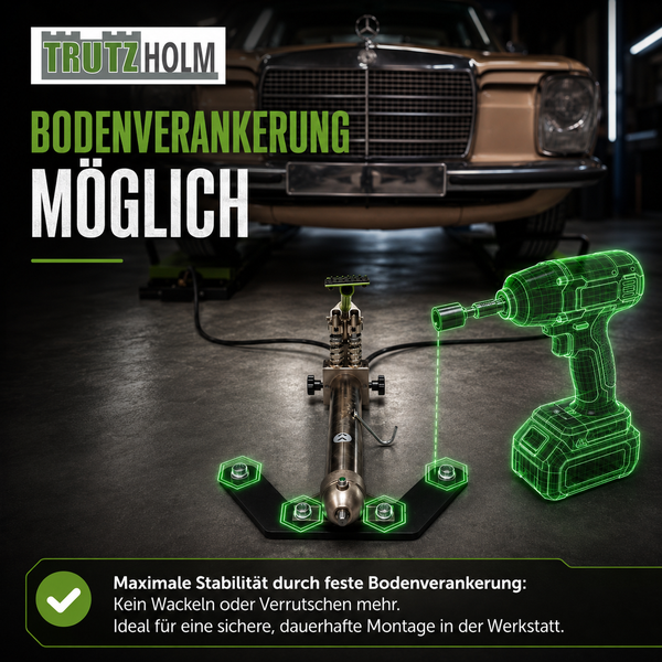 Trutzholm Logo. Bodenverankerung für eine Hebebühne in einer Werkstatt zur festen Montage mit einem Schlagschrauber für maximale Stabilität.