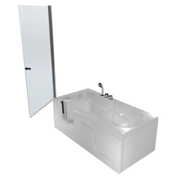 Weiße Seniorenbadewanne mit integriertem Sitz, seitlicher Einstiegstür, Glas-Duschabtrennung und verchromten Armaturen.