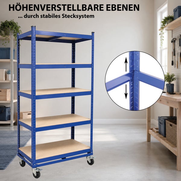 Stabiles Schwerlastregal mit höhenverstellbaren Fachböden und Rollen für Werkstatt oder Keller.