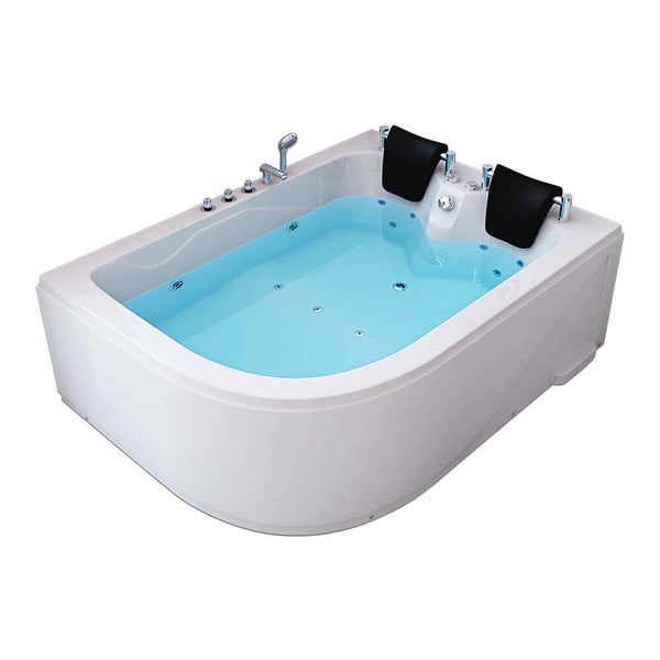 Rechteckige Whirlpool Badewanne mit Massagedüsen, Armaturen und zwei Kopfstützen.