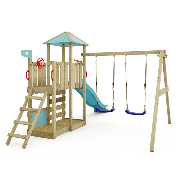 WICKEY Spielturm Klettergerüst Smart Savana mit Schaukel und Rutsche, Spielhaus mit Kletterleiter und Spiel-Zubehör – pastellblau