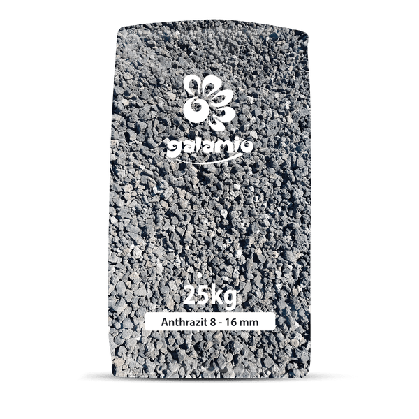 25 Kilogramm Sack Galamio Ziersplitt in Anthrazit, Körnung 8 bis 16 Millimeter. Galamio Logo.