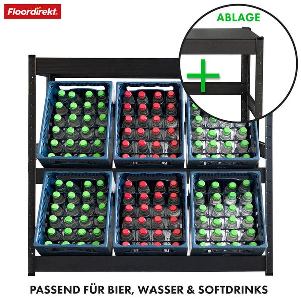 FLOORDIREKT Flaschenkastenständer Osaka - Modernes Getränkekistenregal aus Stahl - Schwarz - für 6 Kästen - mit Ablage - 110 x 110 x 30 cm