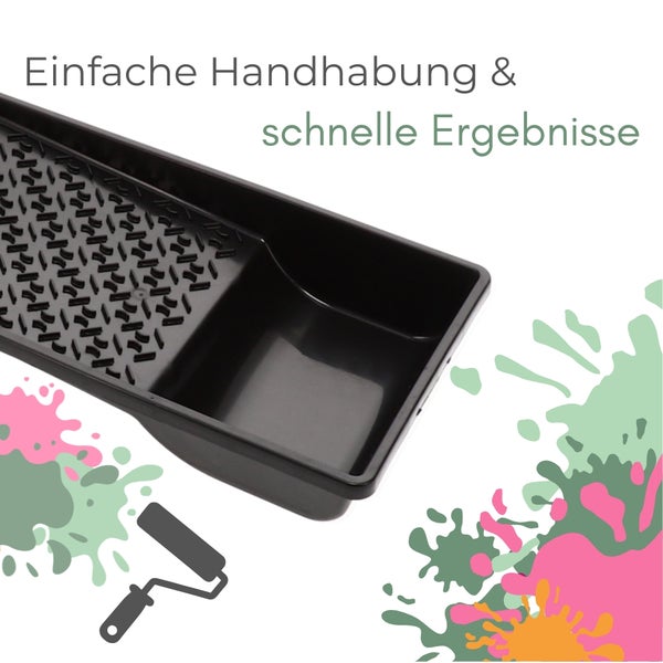 Schwarze Kunststoff-Farbwanne mit Abstreiffläche und Text einfache Handhabung und schnelle Ergebnisse.