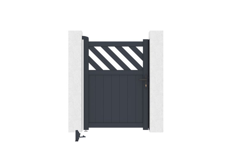 Einflügeliges Gartentor aus Aluminium in Anthrazit mit diagonalen Lamellen oben und blickdichter Füllung unten.