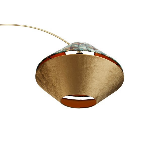 Lampenschirm für Bogenstehlampe aus Samt mit gemustertem Oberteil.