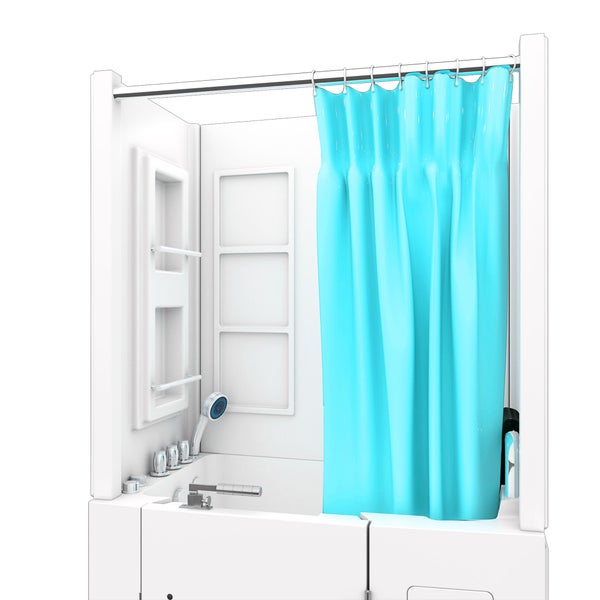 Sitzbadewanne mit offener Seitentür, blauem Duschvorhang und integrierten Haltegriffen.