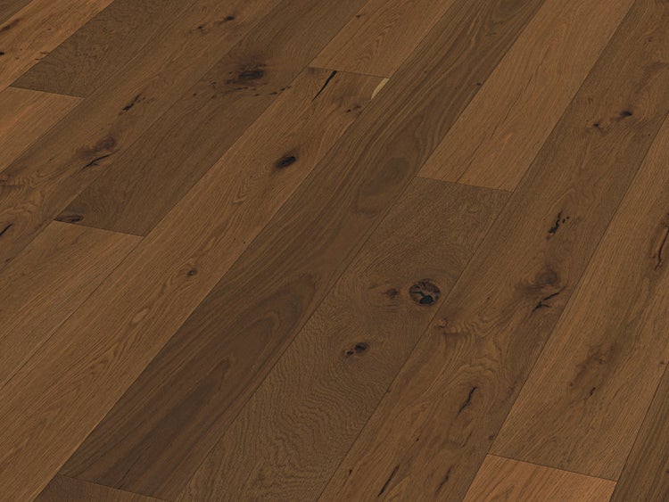 Dunkles Eichenparkett mit natürlicher Holzmaserung und sichtbaren Astlöchern in rustikaler Optik.