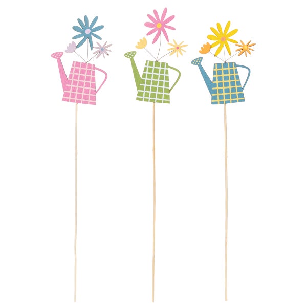 Dekorative Gartenstecker mit Gießkannen und Blumenmotiven