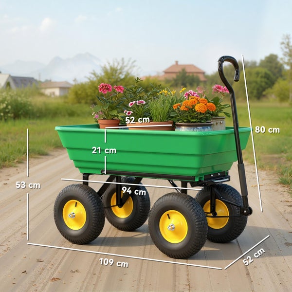 Gartenwagen mit Maßen: Länge 109 Zentimeter, Breite 52 Zentimeter, Höhe 80 Zentimeter, Ladeflächentiefe 21 Zentimeter, beladen mit Pflanzen.