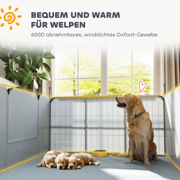 Bequemer Welpenauslauf aus winddichtem Oxford-Gewebe im hellen Innenbereich mit einem Golden Retriever und drei schlafenden Welpen.