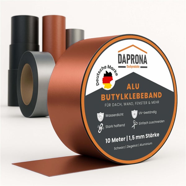 Daprona Aluminium-Butylklebeband ziegelrot, 10 Meter, 1,5 Millimeter, wasserdicht, ultraviolettbeständig, für Dach und Wand. Daprona Logo.