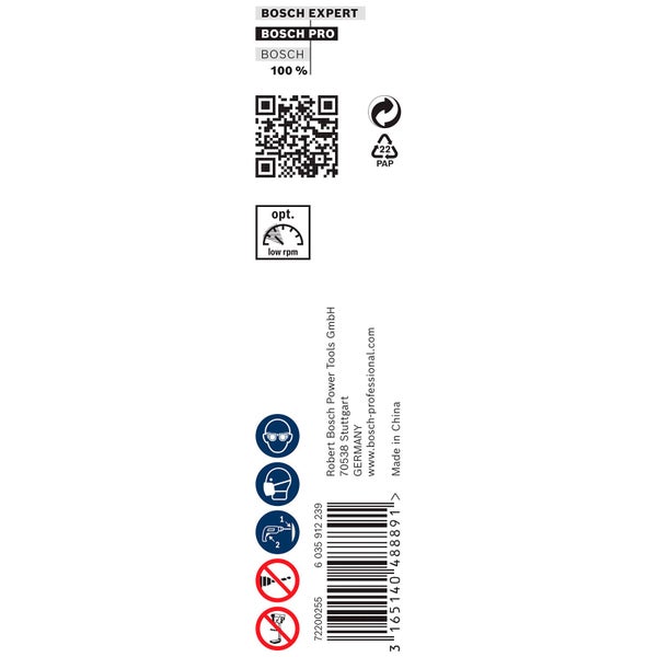 Bosch Expert Logo, Bosch Pro Logo, QR Code, Recycling Symbol, Papierverpackung, Drehzahlanzeige, Sicherheitshinweise und Herstellerinformationen