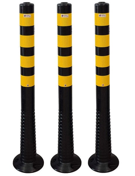 Schwarze Premium flexible überfahrbare Absperrpfosten Absperrpoller 100cm reflektierend / gelb / 3er Set