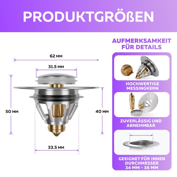 Produktgrößeninformationen für einen Waschbeckenstöpsel mit Messingkern und den Maßen 62 mm breit, 50 mm hoch, 31,5 mm Durchmesser und 33,5 mm Basisdurchmesser