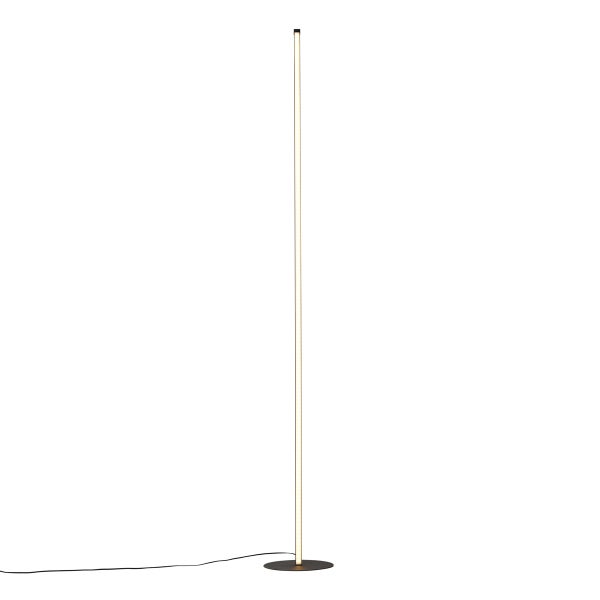 Minimalistische LED-Stehleuchte mit schlankem vertikalem Design und rundem Metallstandfuß.