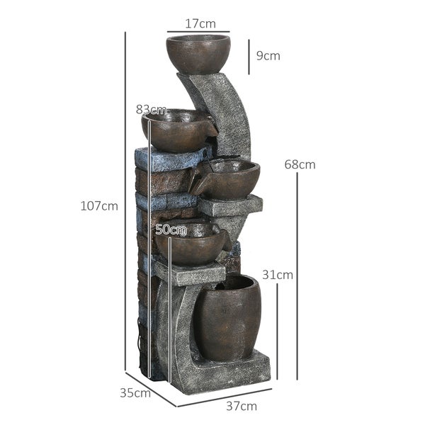 Dekorative Gartenbrunnen mit mehreren Schalen und detaillierten Abmessungen