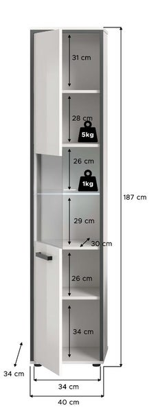 Hochschrank für das Badezimmer mit Maßangaben und Traglast der Regalböden. Höhe 187 Zentimeter, Breite 40 Zentimeter, Tiefe 34 Zentimeter.