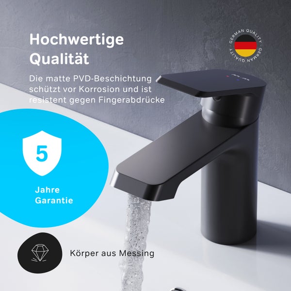 Moderne Waschbeckenarmatur aus Messing mit matter PVD Beschichtung und 5 Jahren Garantie
