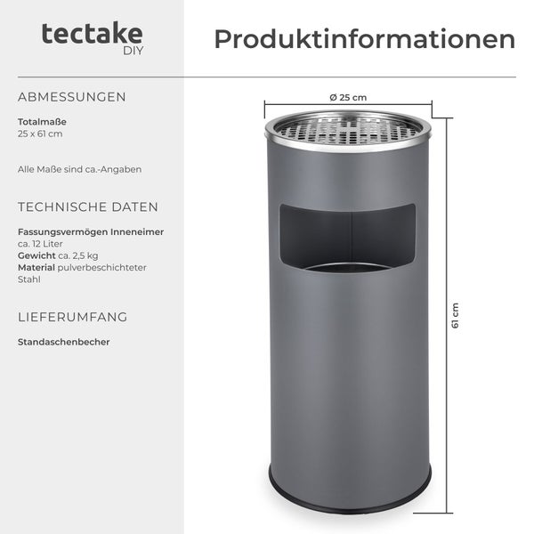 Standaschenbecher aus pulverbeschichtetem Stahl, Durchmesser circa 25 cm, Höhe circa 61 cm, Fassungsvermögen circa 12 Liter. Tectake DIY Logo.