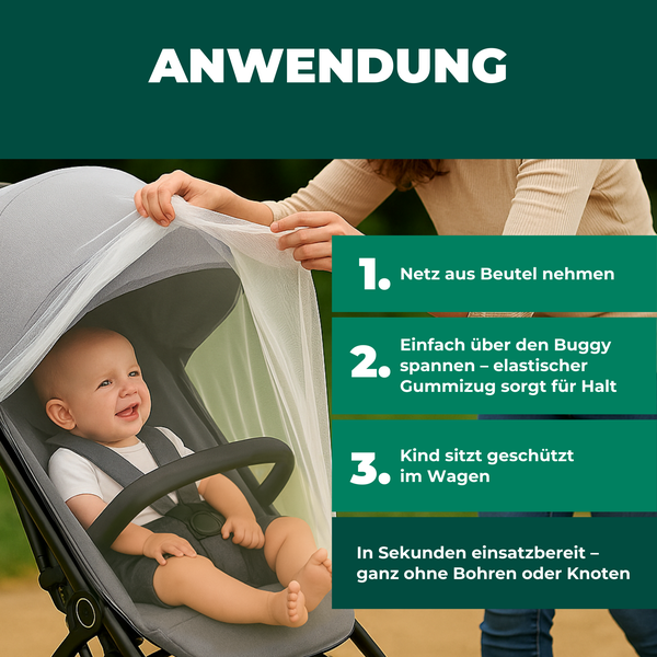 Infografik zur Anwendung eines Insektenschutznetzes für Kinderwagen mit drei Schritten und Baby im Buggy.