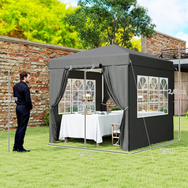 Outsunny Pavillon 2,5x2,5m, wasserabweisend Stabil Winterfest Pop-up Faltpavillon, UV Schutz 50+, Faltbar Partyzelt Gartenzelt mit 4 Seitenteilen Tasche Gartenpavillon für Camping Garten, Dunkelgrau