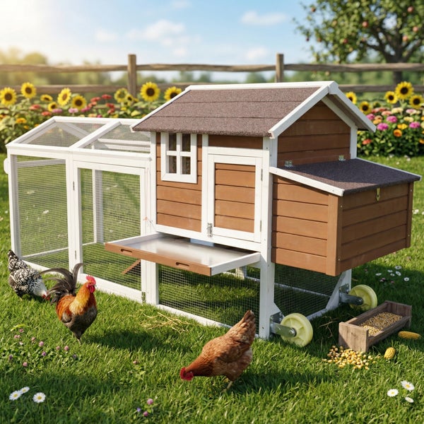 Mobiler Hühnerstall aus Holz mit Auslaufgehege, Nistkasten und Rädern in einem Garten mit Hühnern.