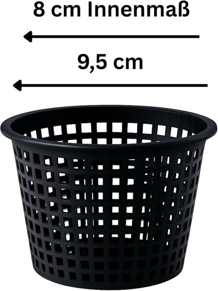 Schwarzer Teichpflanzkorb aus Kunststoff mit 8 Zentimeter Innenmaß und 9,5 Zentimeter Außendurchmesser.