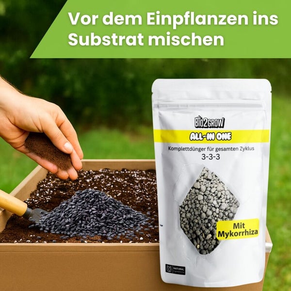 Bio2Grow All-in-One Komplettdünger mit Mykorrhiza wird vor dem Einpflanzen ins Substrat gemischt.