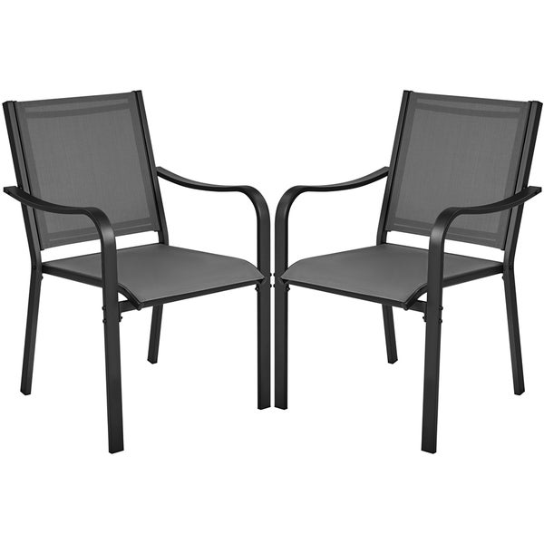 Set aus zwei grauen Gartenstühlen mit schwarzem Metallgestell, Armlehnen und wetterfester Textilbespannung.