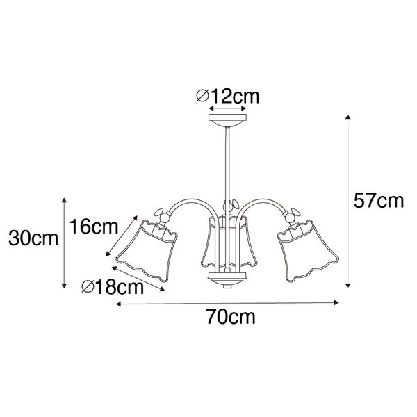 Maßzeichnung eines dreiflammigen Kronleuchters: Gesamthöhe 57 Zentimeter, Gesamtbreite 70 Zentimeter, Schirmdurchmesser 18 Zentimeter.