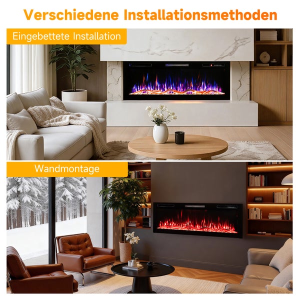 Verschiedene Installationsmethoden für einen elektrischen Kamin im Wohnzimmer.