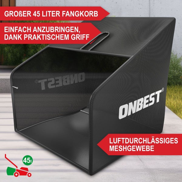 Schwarzer Onbest Grasfangkorb aus luftdurchlässigem Meshgewebe mit 45 Liter Fassungsvermögen und Tragegriff für Rasenmäher.