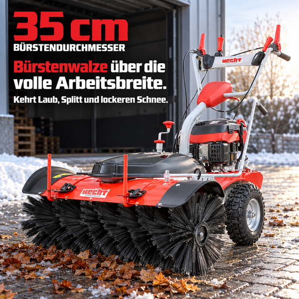 Hecht Kehrmaschine mit Benzinmotor und 12 Volt Elektrostarter inklusive 5 Amperestunden Batterie und Ladegerät für Wintereinsätze im Freien.