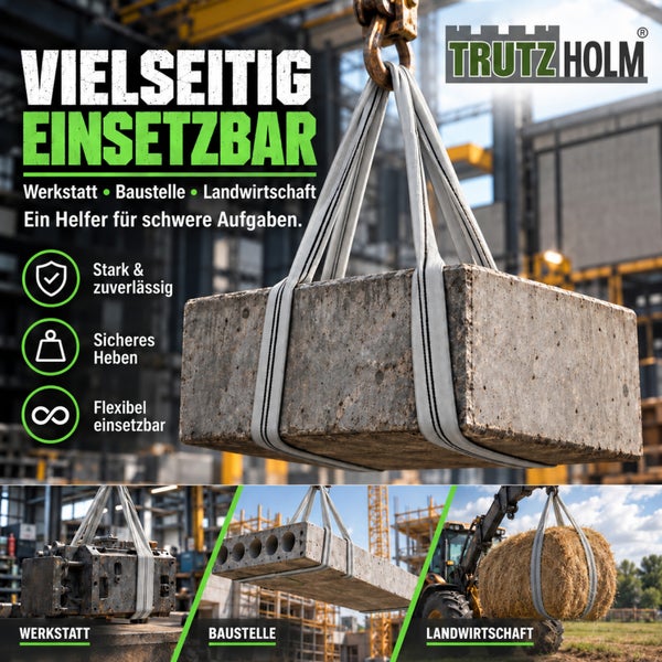 Trutz Holm Hebeschlinge im Einsatz in Werkstatt, Baustelle und Landwirtschaft zum Heben von schweren Lasten wie Beton und Strohballen.