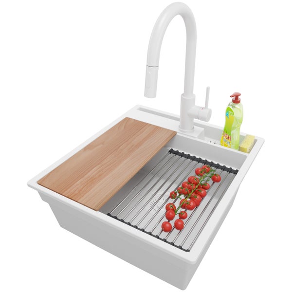 PRIMAGRAN Granitspüle Alles Weiß 48x53cm, Spülbecken 1 Becken + Küchenarmatur 40x20cm + Ablauf-Set + Küchenzubehörset, Küchenspüle ab 50er Unterschrank - Oslo Pocket