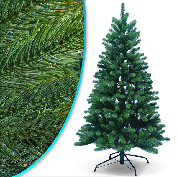 Künstlicher Weihnachtsbaum mit Metallständer und Detailaufnahme der Tannenzweige