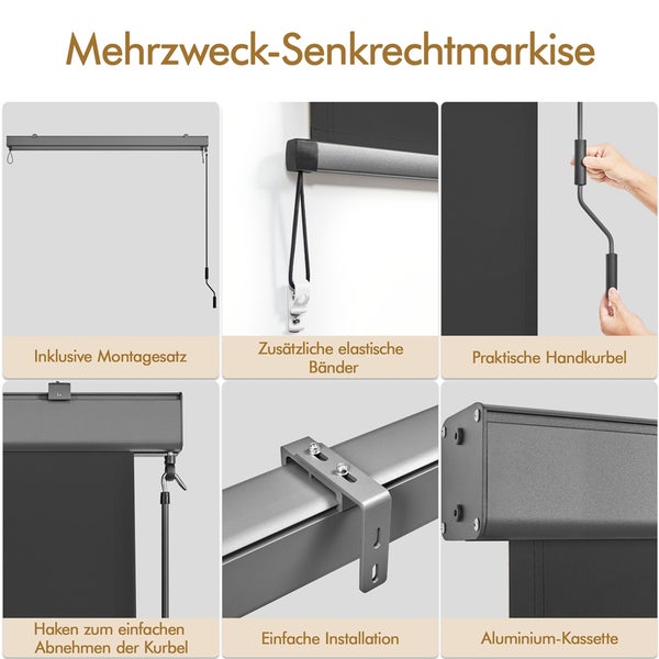 Mehrzweck Senkrechtmarkise mit Montagekit, elastischen Bändern, Handkurbel, Haken, einfacher Installation und Aluminiumkassette