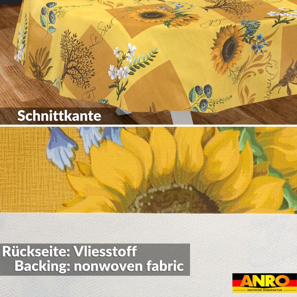 Wachstuch Tischdecke mit Sonnenblumen-Motiv, Schnittkante und Vliesrückseite. ANRO Logo.