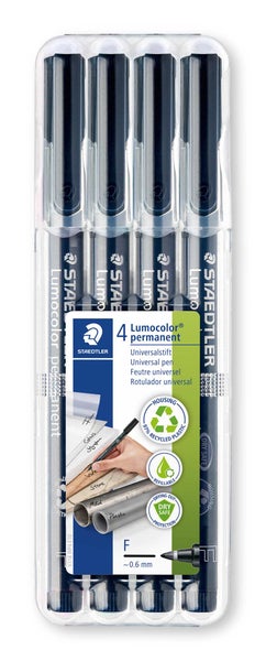 Staedtler Lumocolor Permanent Universalstifte in der 4er-Box, Strichbreite F circa 0,6 mm, nachfüllbar, aus recyceltem Kunststoff.