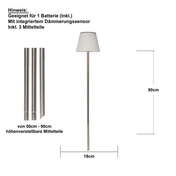 Stehlampe mit Höhenverstellung und Dämmerungssensor, geeignet für eine Batterie