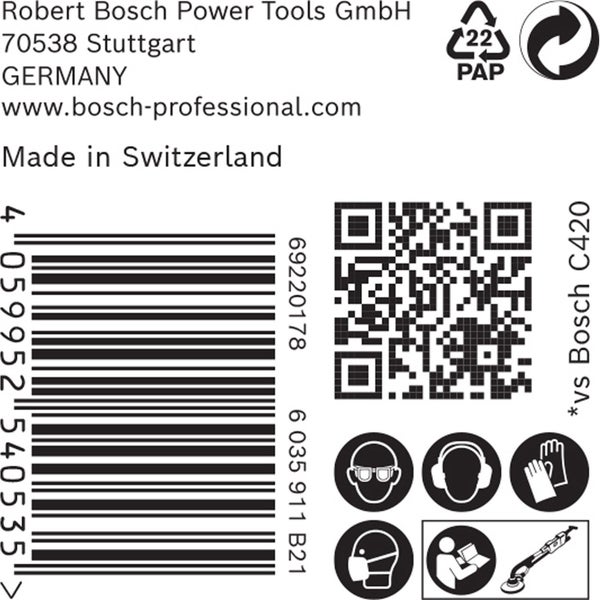 Verpackungsaufdruck mit Informationen zu Hersteller, Barcode, QR Code, Material und Sicherheitshinweisen